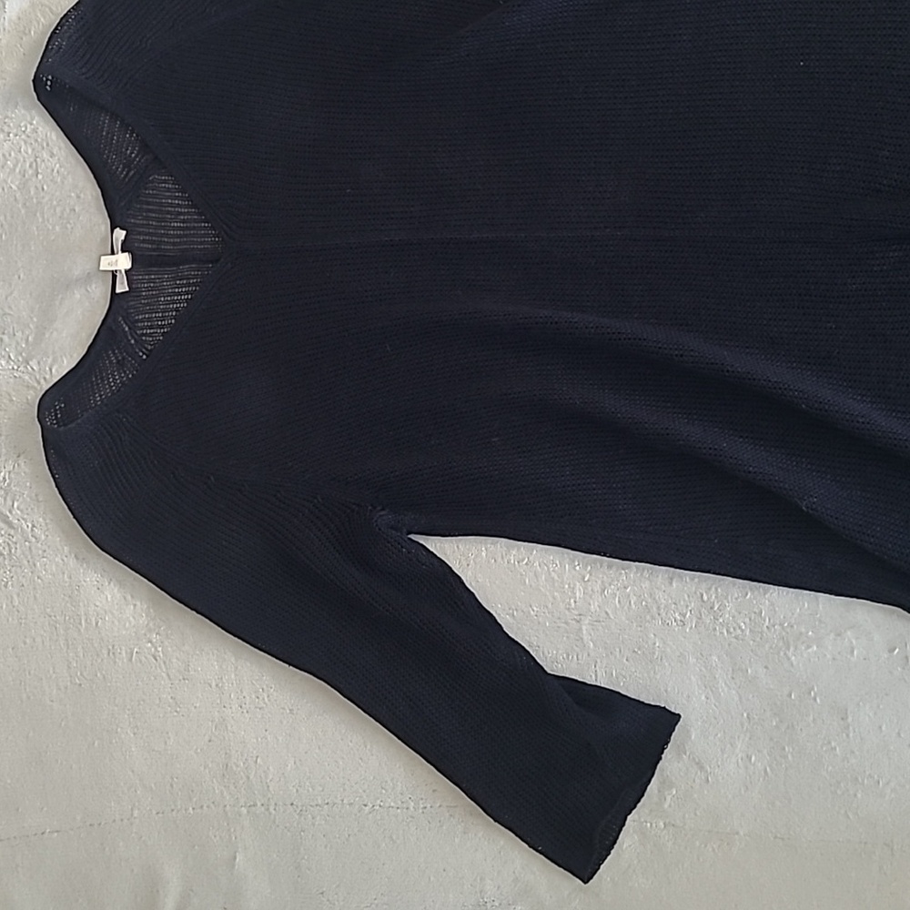 Eileen Fisher Linen Open Knit Sweater Tunic Top Navy Blue Large Minimalist Boho - Picture 2 of 13